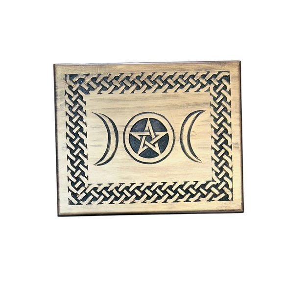 Handcrafted Triple Moon Altar Table with Pentagram - Wiccan Witchcraft Wooden Su - Picture 10 of 15